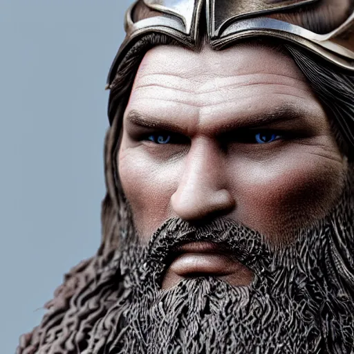 Image similar to of a 3d clay model of a viking from valhalla, ultra fine detail, hair strands, ultra high resolution, fine texture detail, miniature painting techniques, perfect proportions, marvel cinematic universe, eric bana