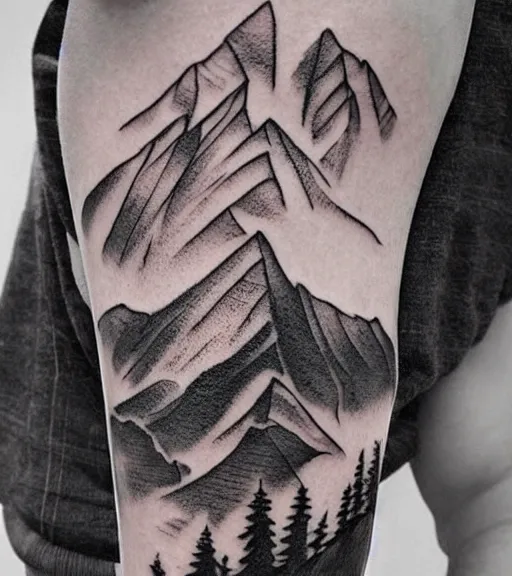 Image similar to creative double exposure effect tattoo design sketch of margot and beautiful mountains and nature, mountain scenery, realism tattoo, in the style of matteo pasqualin, amazing detail, sharp