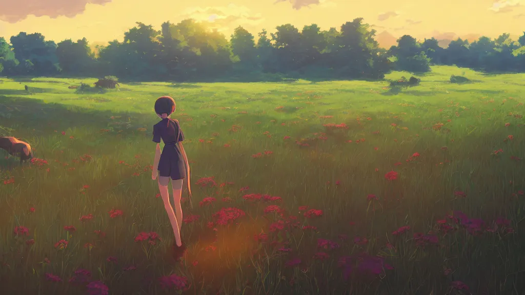 Prompt: landscape of a farm field background, rich vivid colors, ambient lighting, dynamic lighting, 4k, HQ, official media, concept art, anime key visual, makoto shinkai, ilya kuvshinov, lois van baarle, rossdraws, detailed, trending on artstation