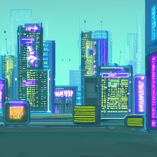 Prompt: Huge cyberpunk city with tall buildings and neon lights. HD.