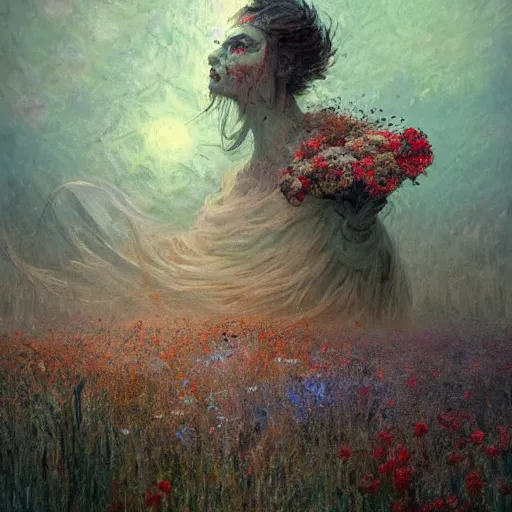 Image similar to a beautiful terrifying monster made of flowers. ethereal horror fantasy art by greg rutkowski and raymond swanland and monet