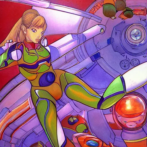 Prompt: a beautiful painting of samus from metroid charging her energy cannon arm inside a hyper advanced space habitat by moebius