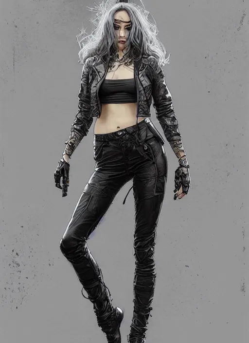 Image similar to girl in cyberpunk! top and gray and black! leather jacket, open belly, long dark curly hair, high waist jeans, intricate, elegant, highly detailed, digital painting, artstation, concept art, smooth, illustration, art by artgerm and greg rutkowski and alphonse mucha