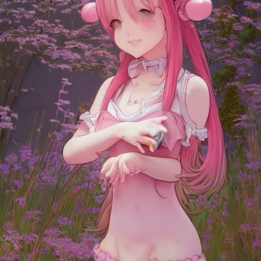 Image similar to very beautiful!!!!!! digital painting of a blushing pink-haired rabbit girl masterpiece!!!!!!, neko, maid, wlop, cinematic lighting, highly detailed, digital painting, artstation, concept art, smooth, sharp focus, illustration, art by Akihiko Yoshida, Greg Rutkowski and Alphonse Mucha 4k, 8k, ultra HD, render in octane