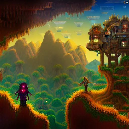 Image similar to portrait of Terraria World, Dramatic Scenes, Terraria game, atmospheric lighting, painted, intricate, golden hour, ultra detailed by Leesha Hannigan, Ross Tran, Thierry Doizon, Kai Carpenter,Ignacio Fernández Ríos