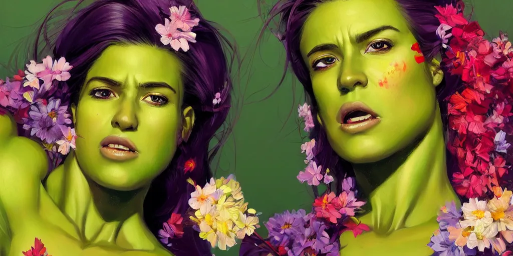 Image similar to A ultradetailed beautiful portrait panting of a She-Hulk with a colorful explosion of flowers coming out of her neck, Oil painting, by Ilya Kuvshinov, Greg Rutkowski and Makoto Shinka