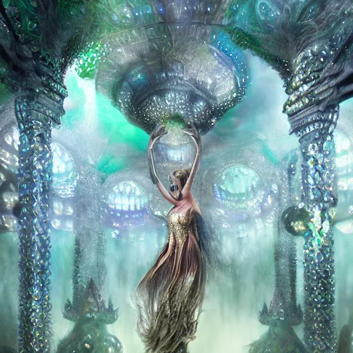 Image similar to under an intricate like jewels epic forest suspended in the air upside down, a pool with intricate and surreal epic circles of water within which float phantasmagoric robotic humanoids, dressed in intricate veils and jewels, epic environment, matte painting, diffused lighting, highly detailed, cinematic, epic atmosphere, digital art, trending on artstation, depth of field, wide angle