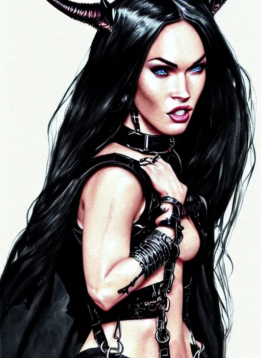 Image similar to portrait of megan fox as a evil demon with hornes, collar and leash, batwings, hell, jewelry, greek, dark, intricate, headshot, key visual, conceptart, ambient lighting, highly detailed, digital painting, artstation, concept art, sharp focus, by makoto shinkai and akihiko yoshida and greg manchess