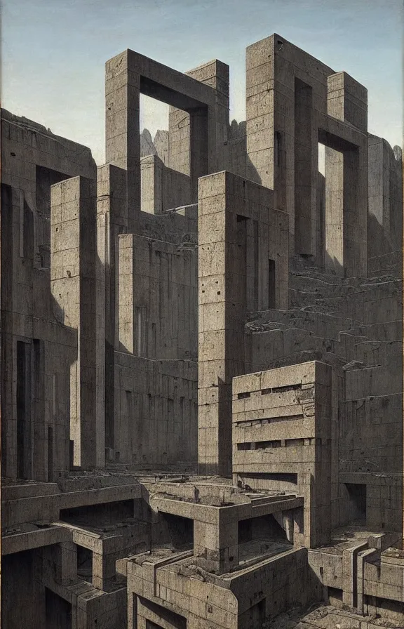 Prompt: classical landscape paintings of brutalist concrete structures, masterpiece, insanely detailed and intricate, greeble, by eugene von guerard