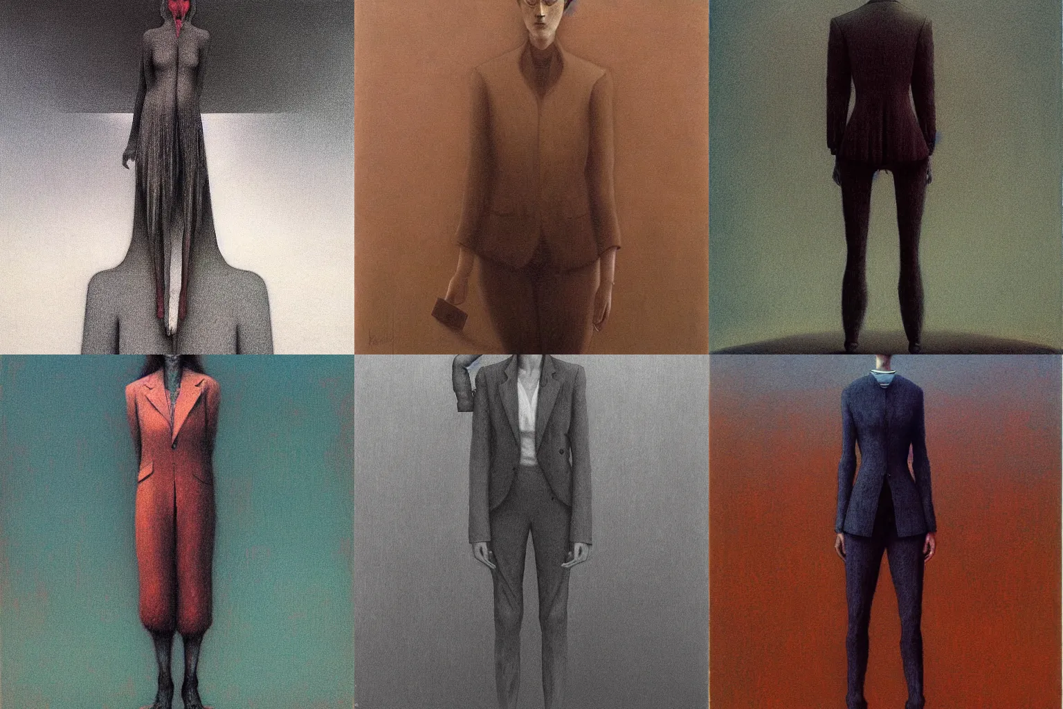 Prompt: full body portrait of female in suit by Beksinski