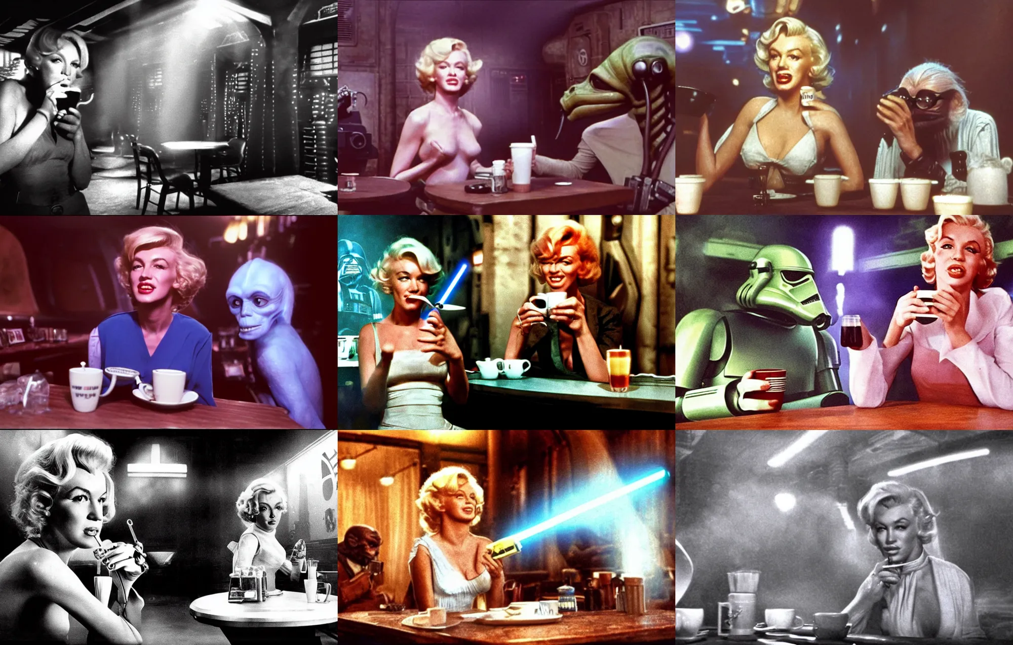 Prompt: A long-shot, color cinema film still of a Marlin Monroe drinking coffee in the Mos Eisley's Tavern, Two aliens around, misty, studio lighting; from Star Wars(1977)