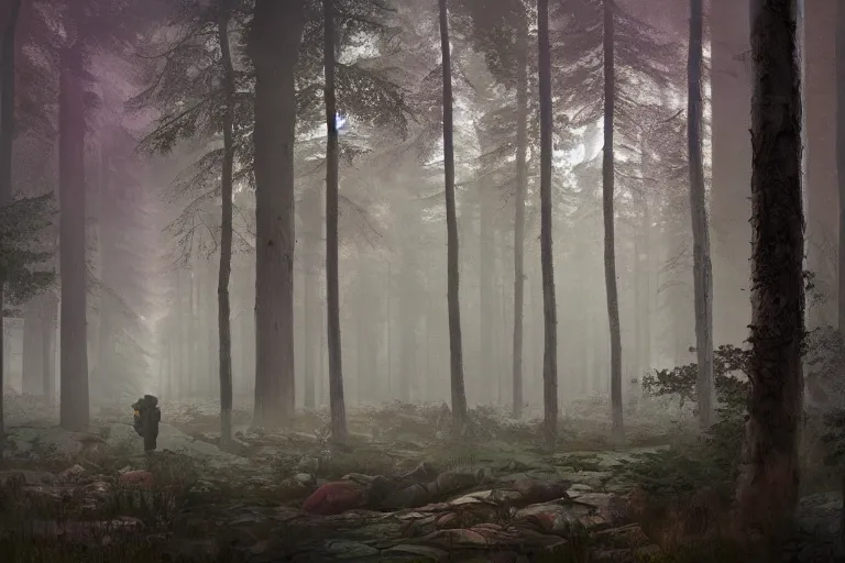 Prompt: eldritch horror in a swedish forest, very low angle photograph, very detailed, trending on artstation, realistic, soft colors, simon stålenhag