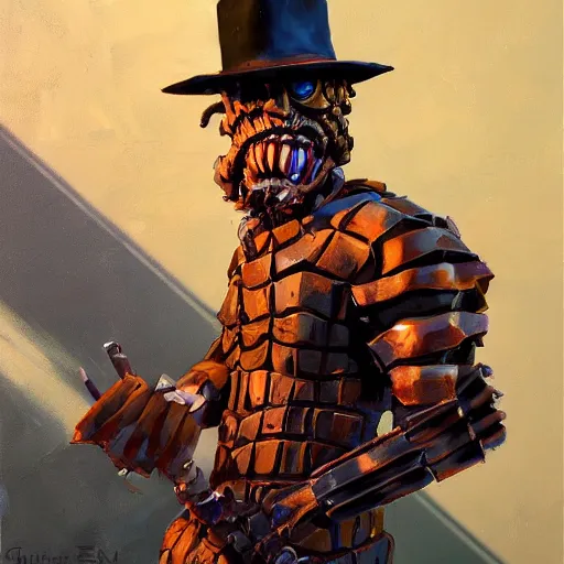 Image similar to greg manchess portrait painting of partially armored freddy krueger as overwatch character, medium shot, asymmetrical, profile picture, organic painting, sunny day, matte painting, bold shapes, hard edges, street art, trending on artstation, by huang guangjian and gil elvgren and sachin teng