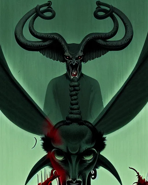 Prompt: baphomet, evil, horror wallpaper aesthetic, portrait, cinematic, dramatic, super detailed and intricate, by koson ohara, by darwyn cooke, by greg rutkowski, by satoshi kon