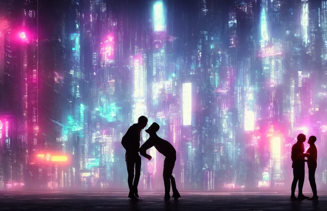 Image similar to men kissing in front of a foggy view of cyberpunk style future city, neon lights, a hyper realistic professional photographic view,very beautiful scenery, very realistic painting effect, hd, hdr, cinematic 4k wallpaper, 8k, ultra detailed, high resolution,