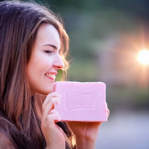 Image similar to beautiful advertising photo of a woman holding scented soap bricks up to the viewer, smiling, summer outdoors photography at sunrise, bokeh, bloom effect