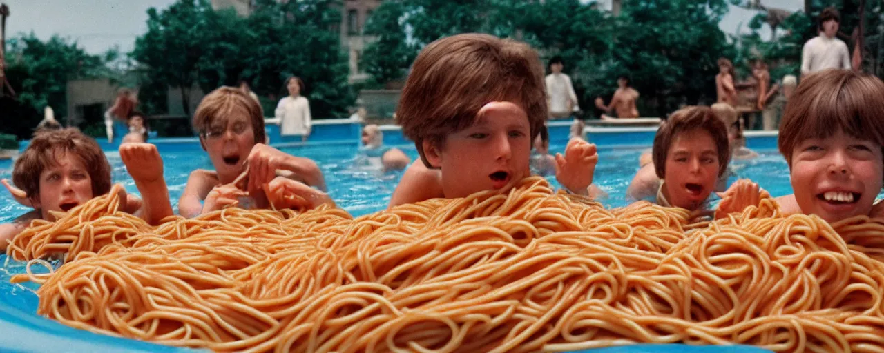 Image similar to 1 9 8 0's kids playing in a pool of spaghetti, detailed, canon 2 0 mm, wes anderson, kodachrome