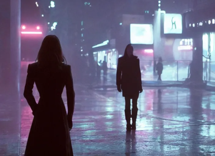 Image similar to a pov shot, color cinema film still kate middleton in blade runner 2 0 4 9, cinematic lighting at night.