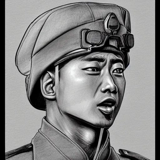 Prompt: realistic detailed drawing of a soldier in Kim Jung Gi style