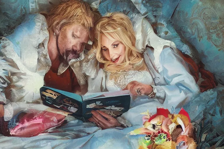 Image similar to portrait of dolly parton reading a bedtime story to jim carrey in bed, an oil painting by ross tran and thomas kincade