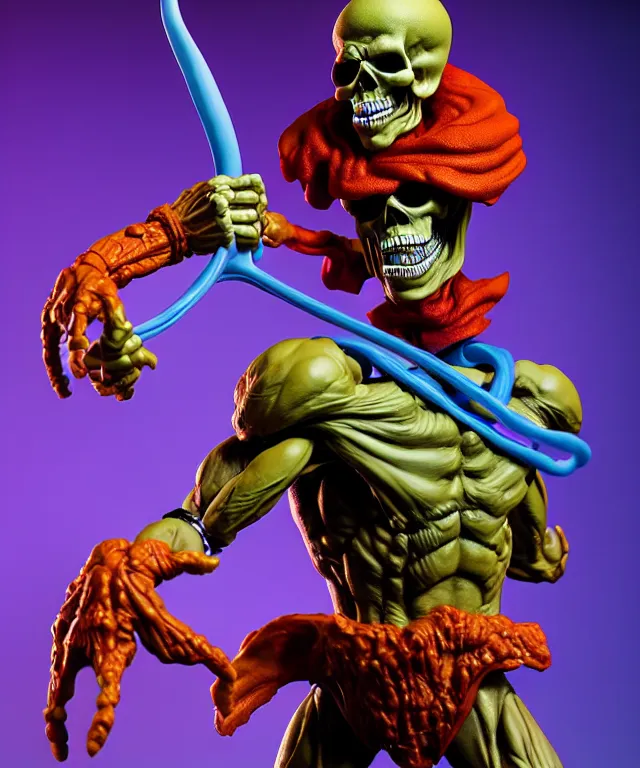 Image similar to hyperrealistic rendering, skeletor, by art of skinner and richard corben and jeff easley, product photography, action figure, sofubi, studio lighting, colored gels