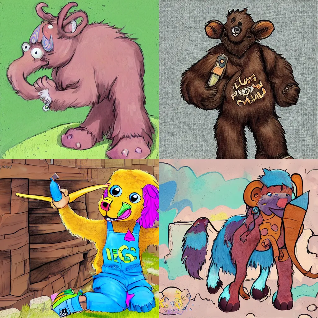 Prompt: furry character of a mammoth in shortalls and colorful sneakers, attending first day of kindergarten, digital art, high quality, one panel comic, deviantart