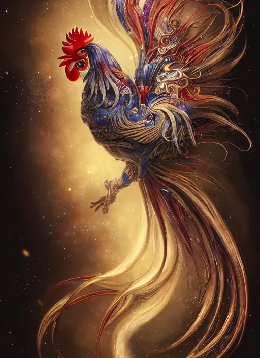 Image similar to a wlop 3 d render of very very very very highly detailed beautiful mystic portrait of a phantom undead rooster with whirling galaxy around, tattoos by anton pieck, intricate, extremely detailed, digital painting, artstation, concept art, smooth, sharp focus, illustration, intimidating lighting, incredible art,