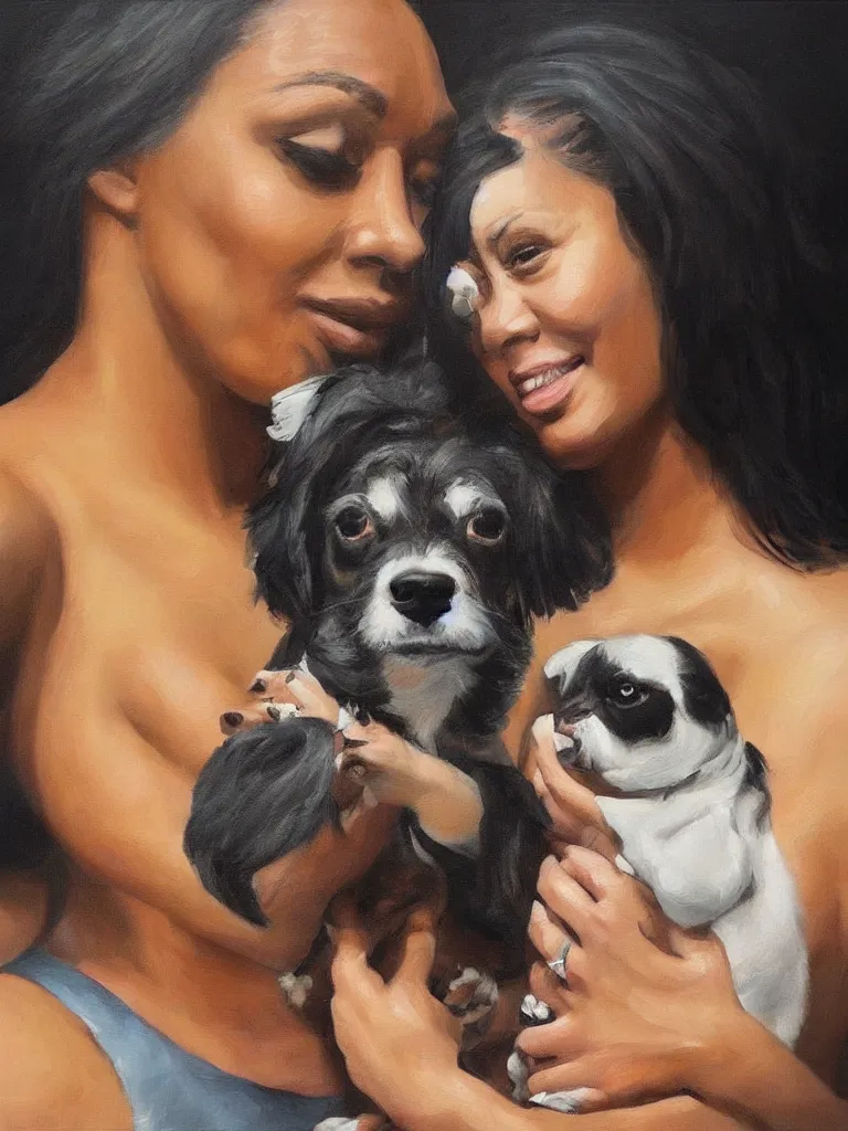 Prompt: “A beautiful oil painting of Megan-the-stallion holding a small dog with Dwayne Johnson’s head, trending on art station, digital art”