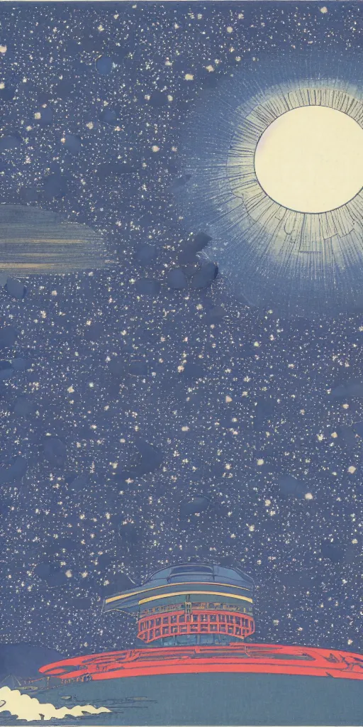 Image similar to huge telescope on mauna kea, big telescope in front, starry sky in background, blue color scheme, wide - angle lens, by hiroshige utakawa, ukiyoe