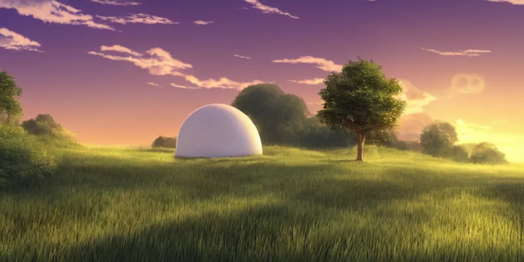 Prompt: round white dome on a hillside, by a river and fields, dreamy, sunset, volumetric lighting, Studio Ghibli