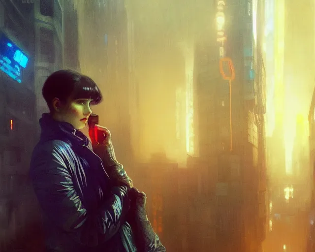 Image similar to 2 0 1 8 blade runner movie still girl look at the cityscape from roof perfect face fine realistic face pretty face neon puffy jacket blue futuristic sci - fi elegant by denis villeneuve tom anders zorn hans dragan bibin thoma greg rutkowski ismail inceoglu illustrated sand storm alphonse mucha