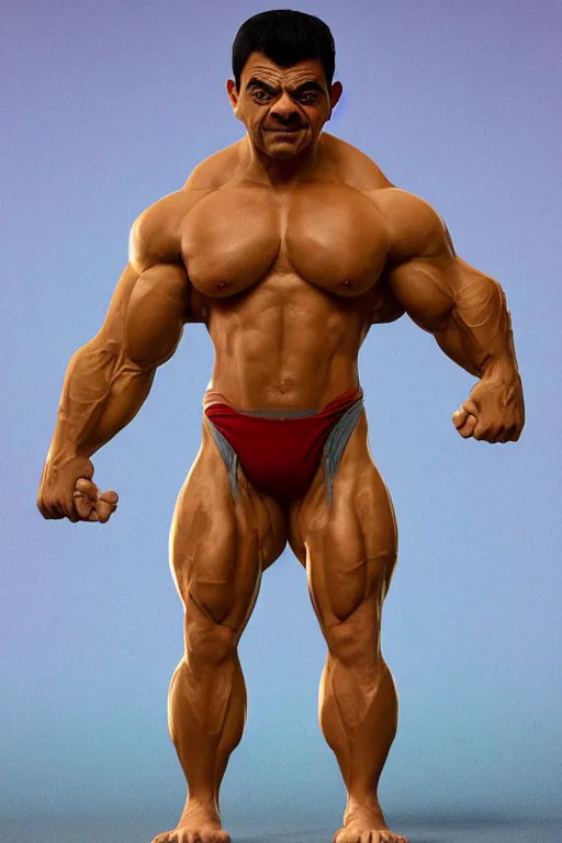 Image similar to upper body portrait of a hulking bulky swole steroids musclebound huge bodybuilder muscular herculean chiseled mr bean rowan atkinson, cinematic lighting, photorealistic, octane render, 8 k, depth of field, 3 d, art by artgerm and greg rutkowski and alphonse mucha and uang guangjian and gil elvgren and sachin ten