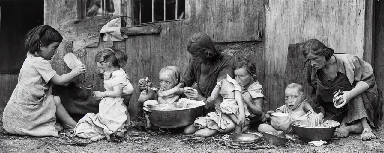 Image similar to dorothea lange's photograph of a struggling mother with her children feeding spaghetti in 1 9 3 6, rural, in the style of diane arbus, canon 5 0 mm, kodachrome, retro