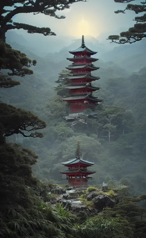 Prompt: japanese style shrine on top of a misty mountain overgrown, hyper realistic, lush gnarly plants, 8 k, denoised, by greg rutkowski, tom bagshaw, james gurney cinematic lighting