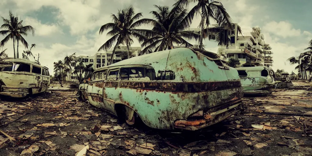 Prompt: wide angle shot of dilapidated fallout 5 miami, tropical coastal city in real life, desolate, dilapidated, some rusted retro futuristic vintage parked vehicles like cars, buses, trucks, trams, sunny weather, few clouds, volumetric lighting, photorealistic, daytime, spring, sharp focus, ultra detailed,