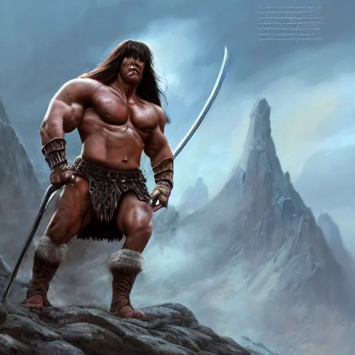 Image similar to Conan the Barbarian played by Arnold Schwarzenegger, 4k oil on linen by wlop, artgerm, andrei riabovitchev, nuri iyem, james gurney, james jean, greg rutkowski, highly detailed, soft lighting 8k resolution