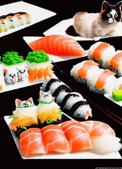 Image similar to clear photorealistic picture of adorable cats made out of sushi