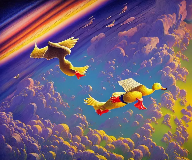 Image similar to hyper detailed 3d render like a Oil painting - a cartoon duck soaring far above the earth into deep space, by Jacek Yerka, Mariusz Lewandowski, Houdini algorithmic generative render, Abstract brush strokes, Masterpiece, Edward Hopper and James Gilleard, Zdzislaw Beksinski, Mark Ryden, Wolfgang Lettl, hints of Yayoi Kasuma, octane render, 8k