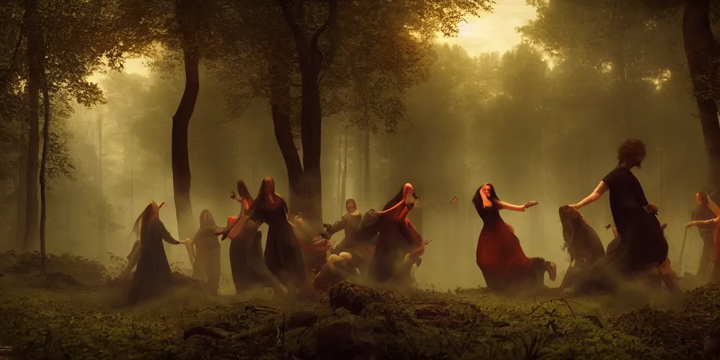 Image similar to masterpiece demons, vampires and witches dancing in the woods at dusk, edmund leighton, majestic, volumetric lighting, photorealistic, intricate, trending on artstation 8 k