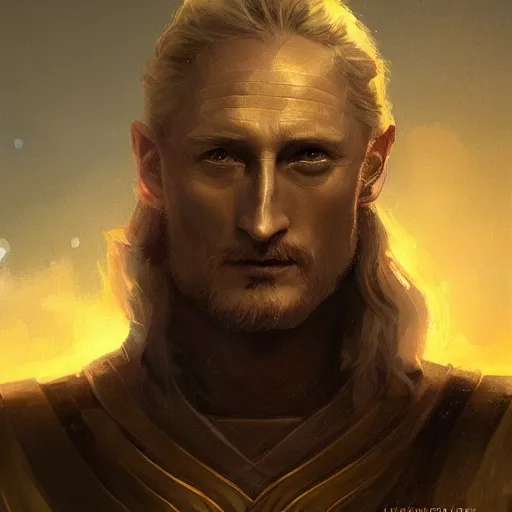 Prompt: a beautiful Norse Warrior based on Charles Dance with glowing aura by Greg Rutkowski and Raymond Swanland, Trending on Artstation, cloudy background, ultra realistic digital art