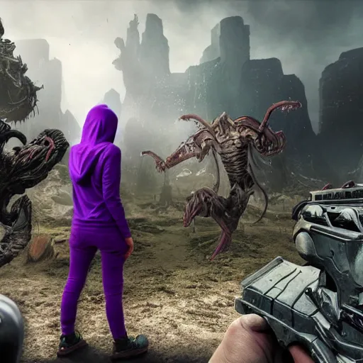 Image similar to apocalyptic world, doom game like look, female in hoodie in the middle, purple hair, shooting the monsters, 8 k, photorealistic, hyper realistic, full detail