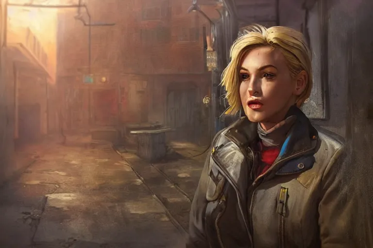 Image similar to fallout 5, charismatic beautiful rugged blonde female protagonist, portrait, outdoors european cityscape, atmospheric lighting, painted, intricate, volumetric lighting, beautiful, daytime, spring, sunny weather, few clouds, sharp focus, deep colours, ultra detailed, art by william turner