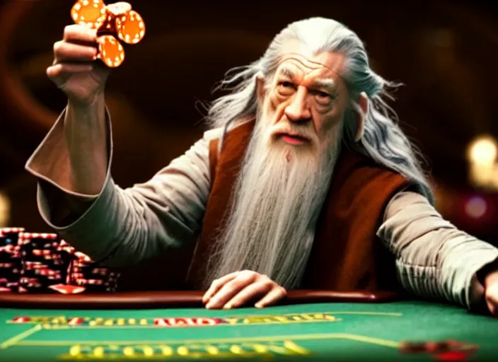 Image similar to film still of gandalf gambling in a casino in new star wars movie, 8 k