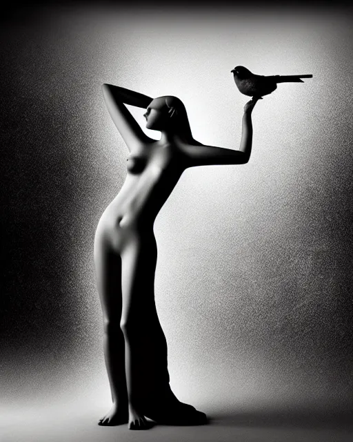 Image similar to surreal mythical dreamy dark artistic black and white fine art photo of a monumental wax sculpture of a female, orchid, bird, cybor