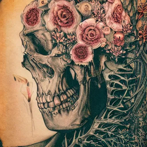 Image similar to a beautiful detailed front view portrait of a rotten woman corpse becoming a skull with fractal plants and fractal flowers and mushrooms growing around, baroque, volumetric light, beautiful lit, polaroid photography