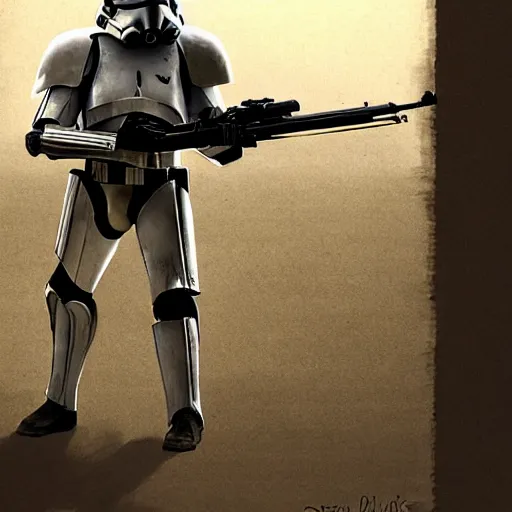 Image similar to an extremely long shot of an imperial stormtrooper in battle position ready to shoot his blaster concept art by Doug Chiang cinematic, realistic painting, high definition, very detailed, extremely high detail, photo realistic, concept art, the Mandalorian concept art style