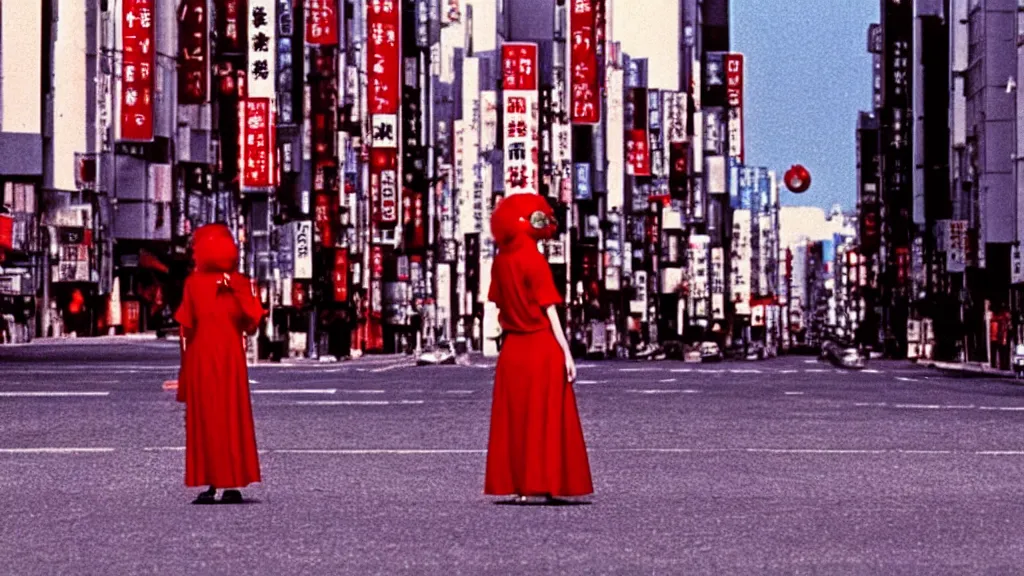 Image similar to a woman in a red dress wearing a red baboon mask standing alone on an empty street in downtown Tokyo , film still from the an anime directed by Katsuhiro Otomo with art direction by Salvador Dalí, wide lens