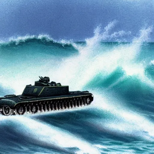 Image similar to a T-34 emerging from Ocean waves, hyperrealistic