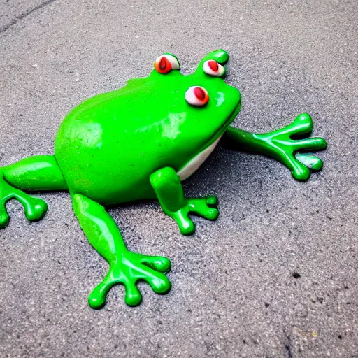 Prompt: frog cake smashed on a highway with cars driving by, long exposition, night