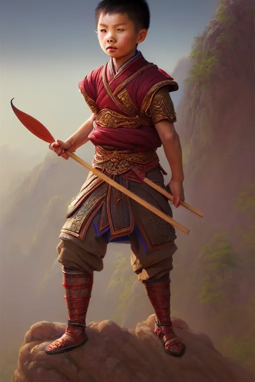 Image similar to a masterpiece portrait of nezha, highly detailed, boy hold spear, chinese fantasy, highly detailed, digital painting, trending on artstation, concept art, sharp focus, illustration, global illumination, ray tracing, realistic shaded, art by artgerm and greg rutkowski and fuji choko and viktoria gavrilenko and hoang lap